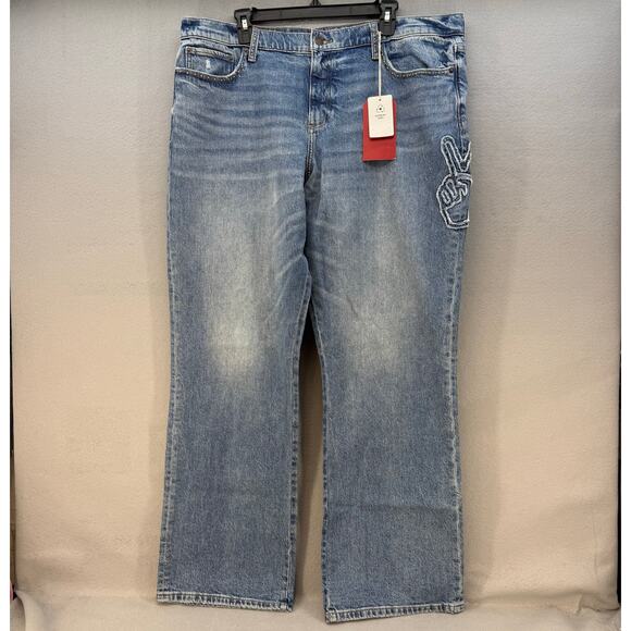 Lucky Legend Jeans Women's 18/34R Blue Easy Rider Boot Peace Sign Patch NWT - Picture 1 of 16